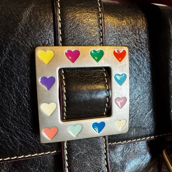 Black Leather Dooney and Bourke Women's Bag with bright pink Heart Accents - Picture 2 of 10